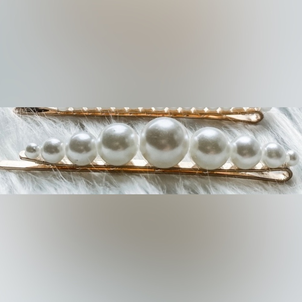 Ivory Pearl gold hairpin clip barrettes pair glam glitz bridal flower girl prom - Picture 4 of 9